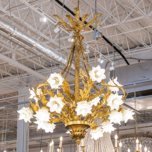 Defineleda French Brass Cage Chandelier with Floral Glass Shades and Ornate Leaf Frame