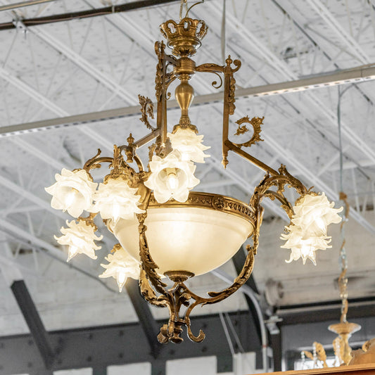 Defineleda French Brass Cage Basket Chandelier with Floral Glass Shades and Ornate Crown