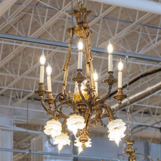 Defineleda Petite French Brass Cage Candelabra Chandelier with Floral Glass Shades and Ornate Frame