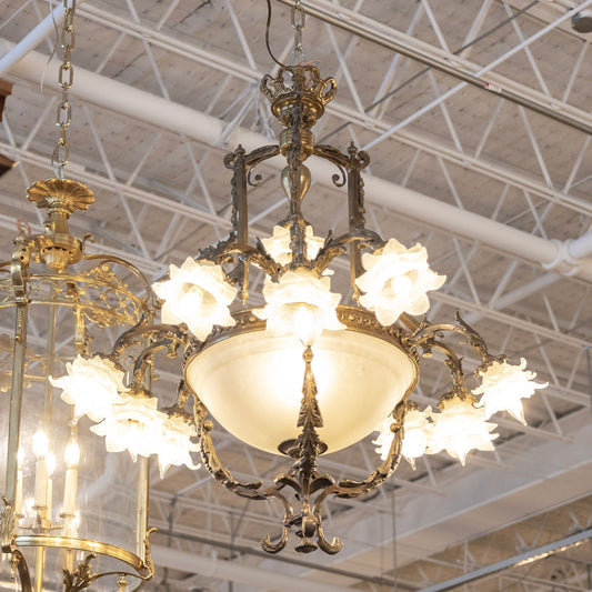 Defineleda French Brass Cage Basket Chandelier with Floral Glass Shades and Ornate Crown