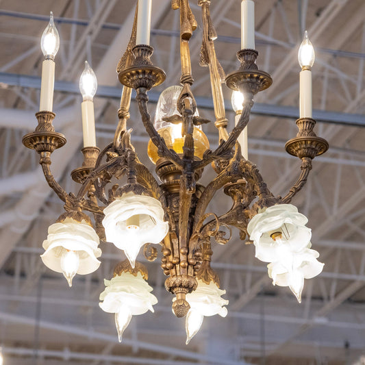 Defineleda Petite French Brass Cage Candelabra Chandelier with Floral Glass Shades and Ornate Frame