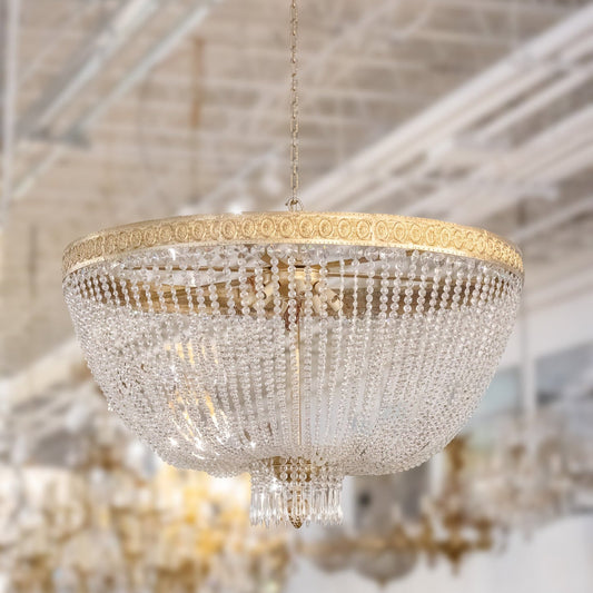 Defineleda French Brass Flush Mount Chandelier with Beaded Crystals and Icicle Drops